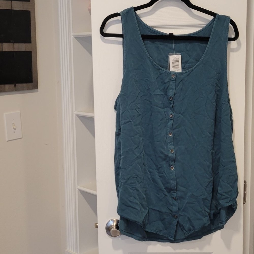 Teal Twill & Knit Button Front Tank